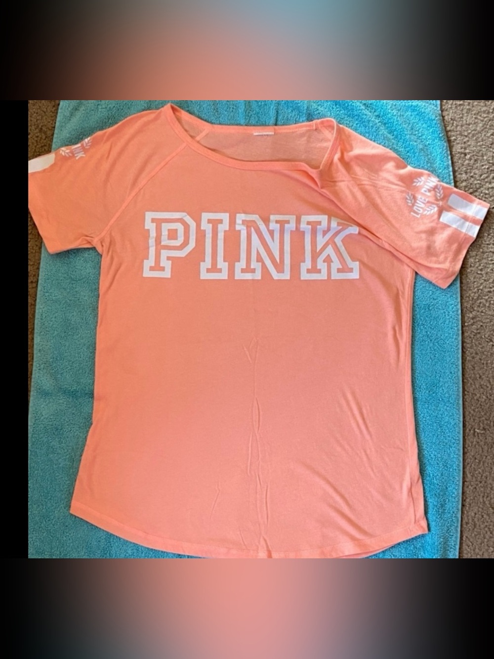 PINK Victoria's Secret Coral Sleeve Logo Tee